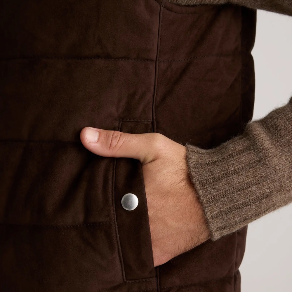 QUINCE 100% Suede Puffer Vest Mens Size XL Color Brown - Picture 6 of 11